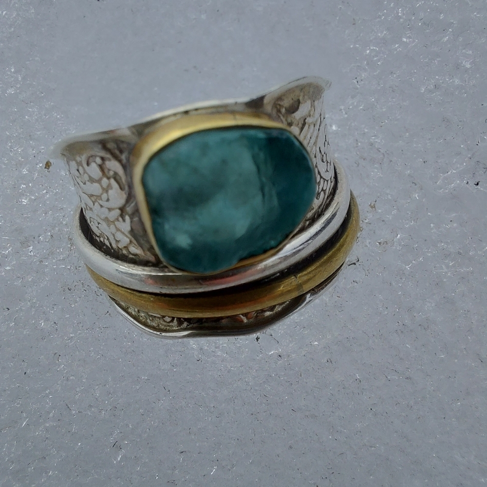 ( SOLD )🌊|Raw Aquamarine Spinner Ring | Sterling Silver Mixed Metal | Size 8|🌊